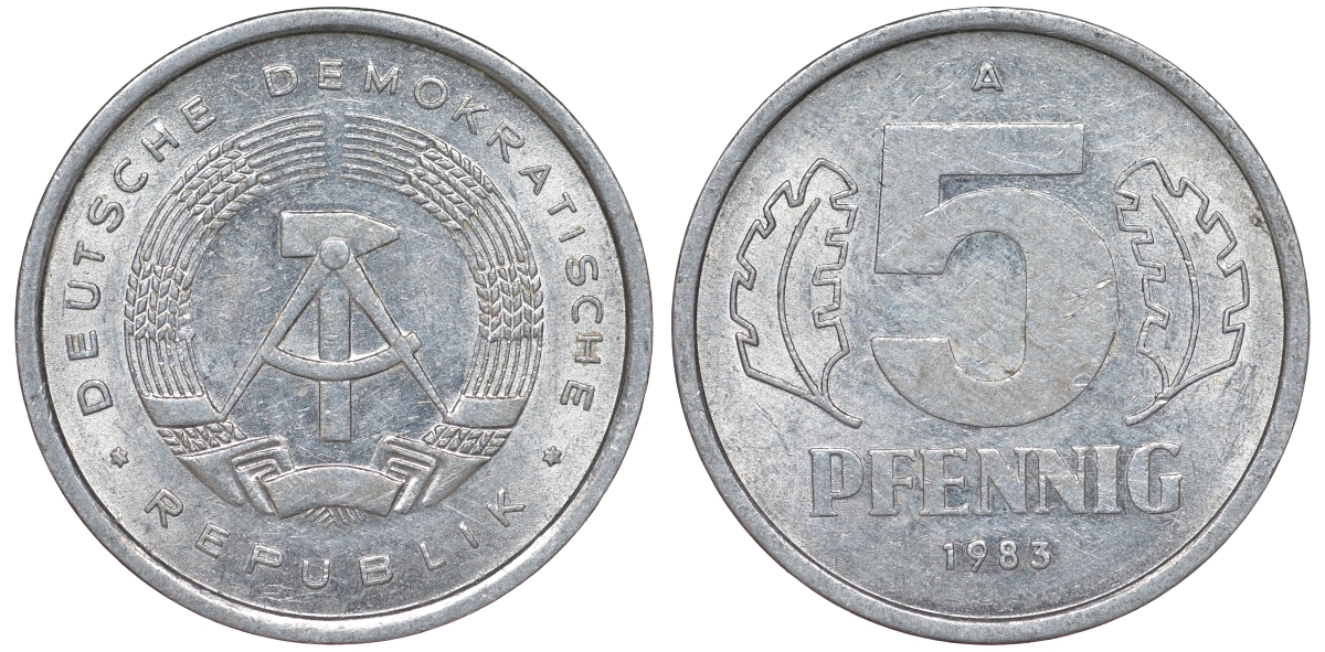 ГДР 5 ПФЕННИГОВ 1983 A КМ 9.2 алюминий 62-453