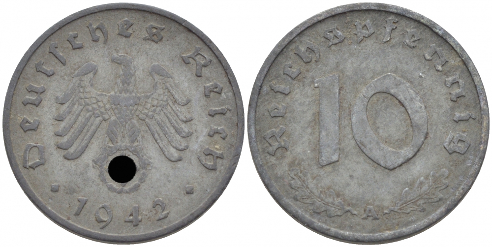 ГЕРМАНИЯ 10 РЕЙХСПФЕННИГОВ 1942 A J.371 цинк 110-254