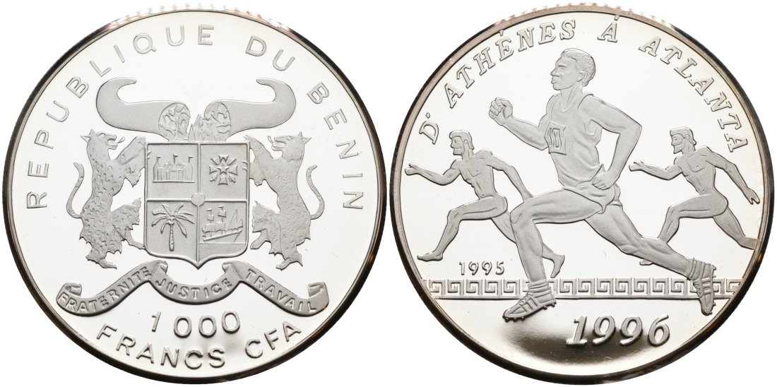 Бенин 1000 франков 1995 XXVI Олимпийские игры 1996 в Аталанте, бег KM 12 серебро PROOF 01-076-44