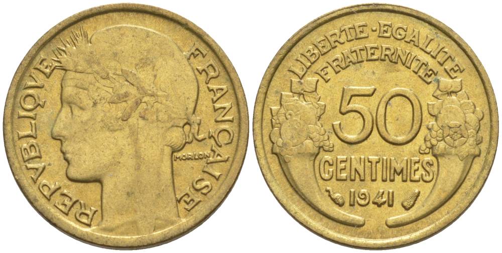 ФРАНЦИЯ 50 САНТИМОВ 1941 ТИП MORLON KM 894.1, LE FRANC 192.18 алюминиевая бронза 44-439