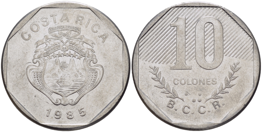 Коста-Рика 10 колонов 1985 B.C.C.R. KM 215.2 нержавеющая сталь 82-115