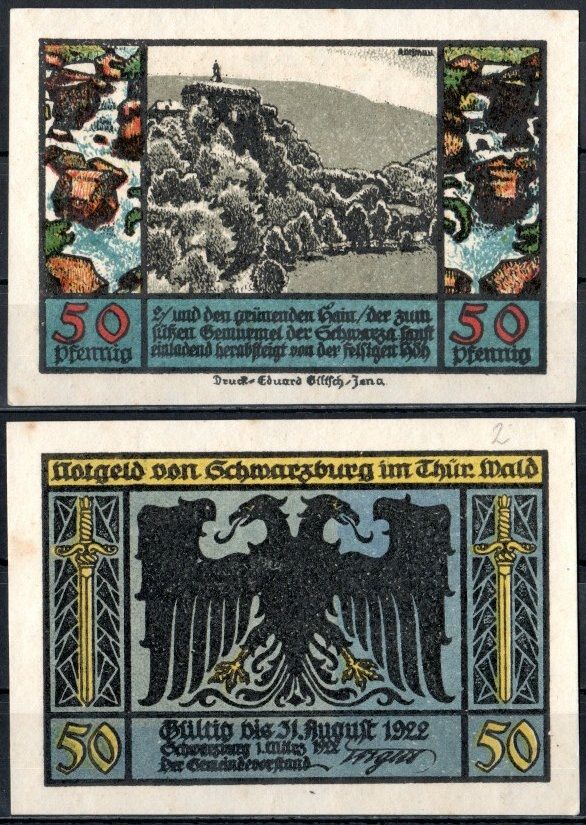 Шварцбург (Тюрингия) 50 пфеннигов 1922 Mehl Grabowski 1208.2-4/7 бумага UNC (пресс) 7553-17-4-1