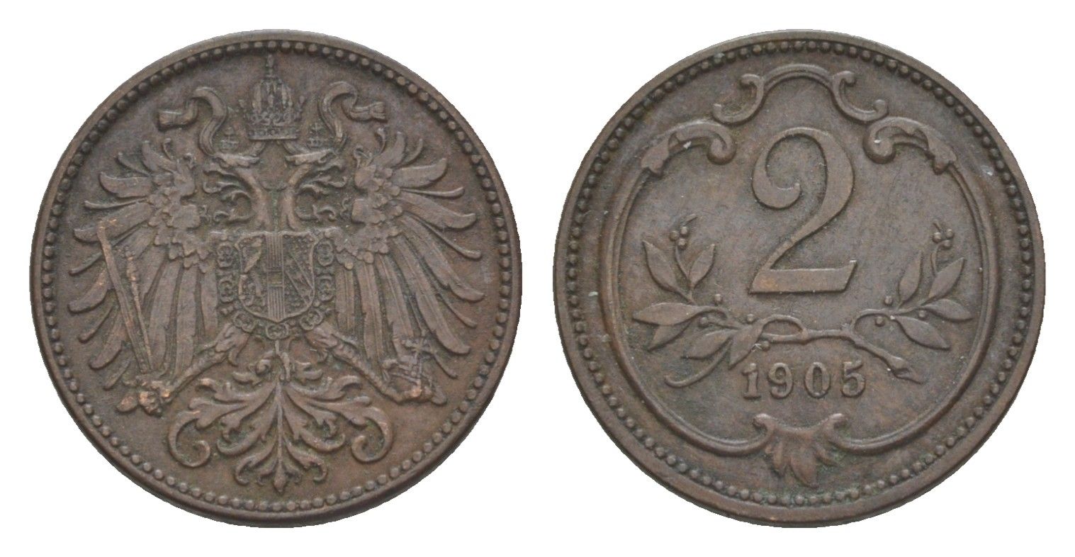 Австрия 2 геллера 1905 Франц Иосиф I (1848-1916) KM 2801 бронза 4639-1021