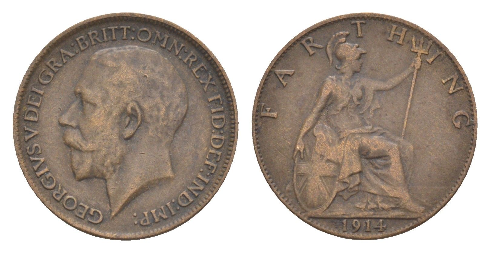 Великобритания 1 фартинг 1914 Георг V (1910-1936) KM 808.1, Spink 4059 бронза 4630-1154