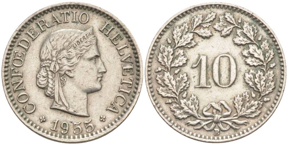 ШВЕЙЦАРИЯ 10 РАППЕНОВ 1955 В KM 27 медно-никель 55-247