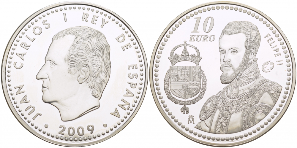 Испания 10 евро 2009 Филипп II король Испании из династии Габсбургов KM 1214 серебро  PROOF  11-166-31