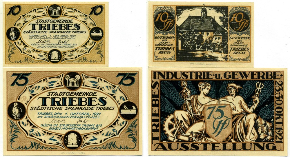 ТРИБЕС лот из 2 БАНКНОТ 1921 1 октября 1921, НОТГЕЛЬД (10 И 75 пфеннигов), ЗЕМЛЯ ТЮРИНГИЯ Grabowski 1341.1 бумага 2195-3-2-2