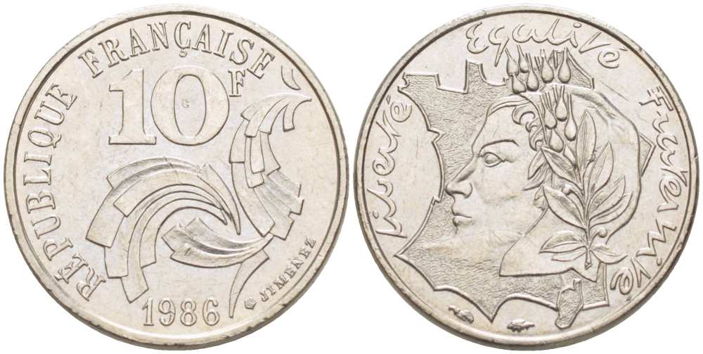 ФРАНЦИЯ 10 ФРАНКОВ 1986 РЕСПУБЛИКА KM 959, LE FRANC 373.2 никель 217-257