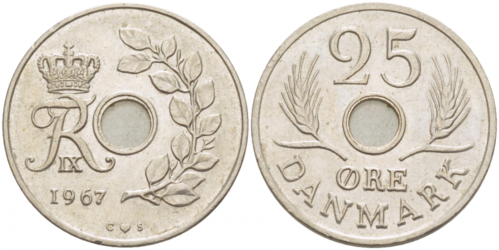 Дания 25 эре 1967 С; S, Фредерик IX (1947-1972) KM 855.1 медно-никель UNC 86-1347
