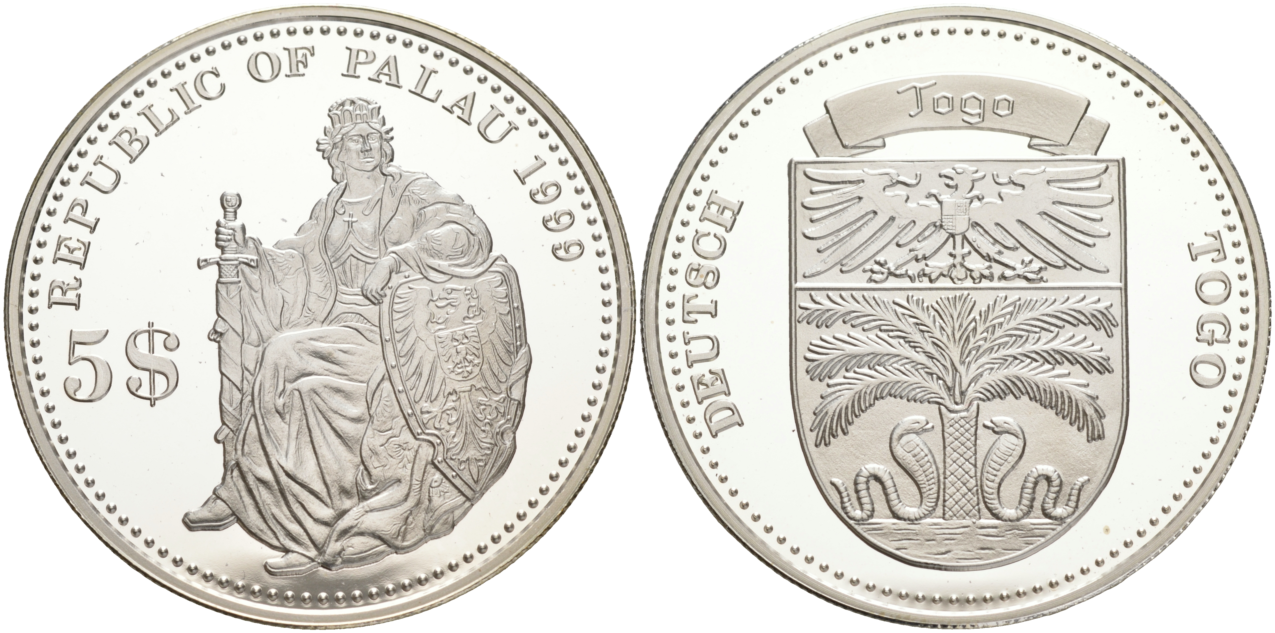 Палау 5 долларов 1999 немецкие колонии, Того KM 24 серебро PROOF 02-263-31