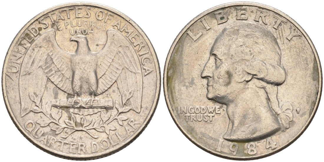 США 25 центов (квотер) 1984 P, Вашингтон KM A164a медь плакированная медно-никелем 92-1227