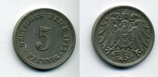 ГЕРМАНИЯ 5 ПФЕННИГОВ 1912 F, KM 11, J. 12 медно-никель 29-835