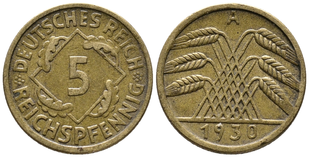 ГЕРМАНИЯ 5 РЕЙХСПФЕННИГОВ 1930 A KM 39, J. 316 алюминиевая бронза 39-563