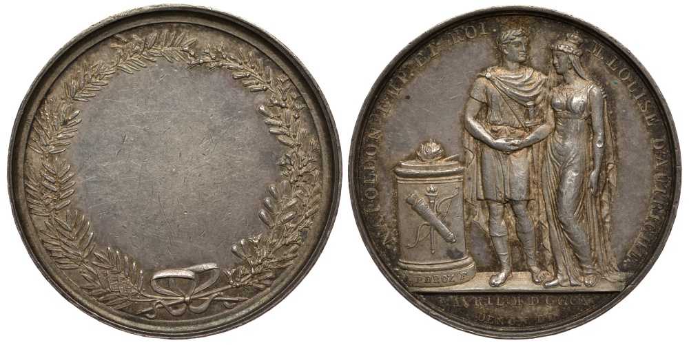 Франция медаль 1810 Наполеон Бонапарт, на бракосочетание с Марией Луизой Австрийской, диаметр 26,5 мм Bramsen 953. Slg. Julius 2263 серебро 00-00
