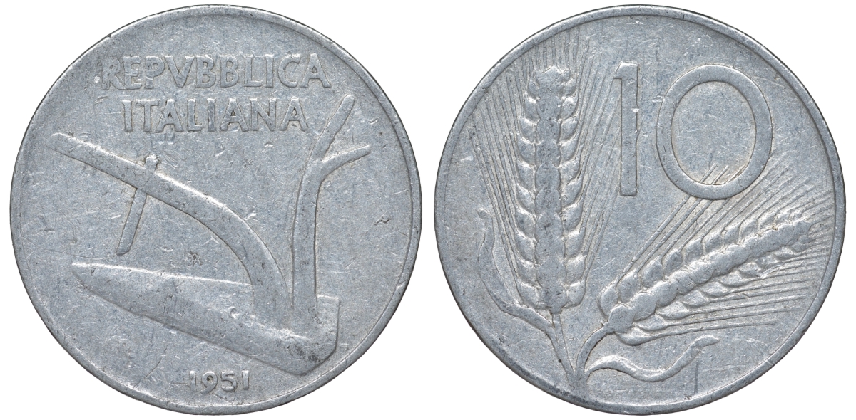 Италия 10 лир 1951 R, колосья KM 93 алюминий 4543-424