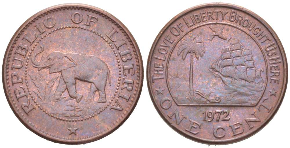 Либерия 1 цент 1942 слон KM 13 бронза 218-1116