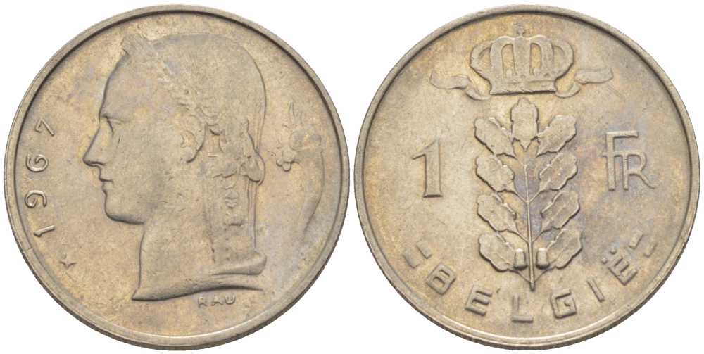 БЕЛЬГИЯ 1 ФРАНК 1967 BELGIE, БОДУЭН I (1951-1993) KM 143.1 медно-никель 202-1031