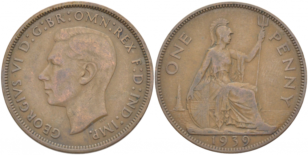 Великобритания 1 пенни 1939 Георг VI (1936-1952) KM 845, Spink 4114 бронза 215-332