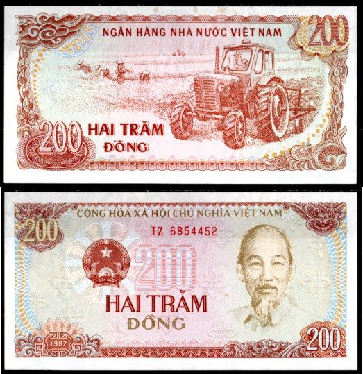 Вьетнам 200 донг 1987 Хо Ши Мин, трактор Pick 100 c (1) бумага UNC (пресс) 6293-24-2-2