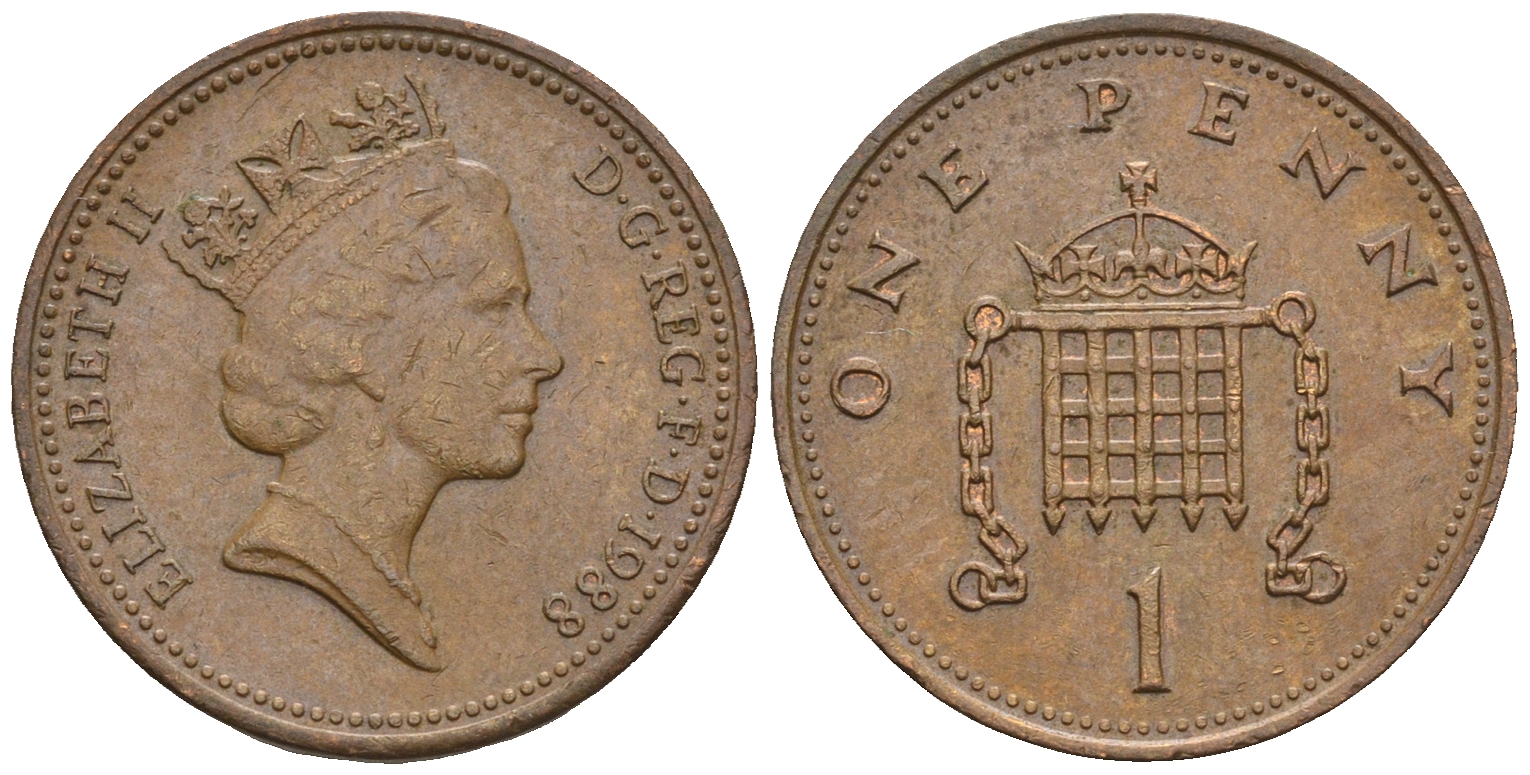 Великобритания 1 пенни 1988 Елизавета II (1952-2022) KM 935, Spink 4381 (B3) бронза 4609-525