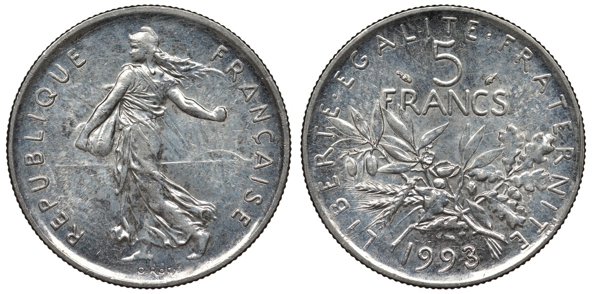 Франция 5 франков 1993 сеятель KM 926a.1, Le Franc 341.27 никель плакированный медно-никелем 4123-522