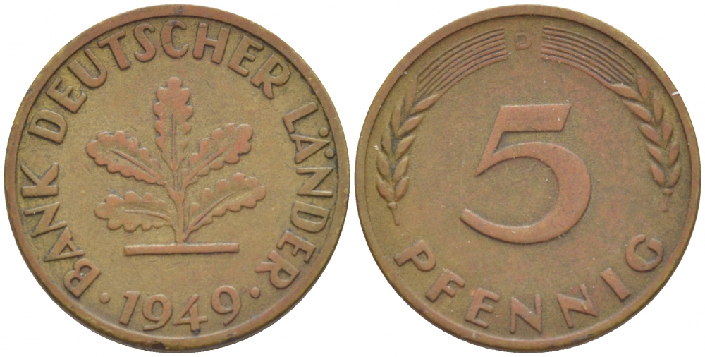 ФРГ 5 ПФЕННИГОВ 1949 D KM 102, J. 377 сталь плакированная латунью 4532-611