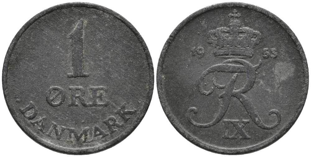 ДАНИЯ 1 ЭРЕ 1953 N; S, КРИСТИАН X (1912-1947) KM 839.1 цинк 116-112