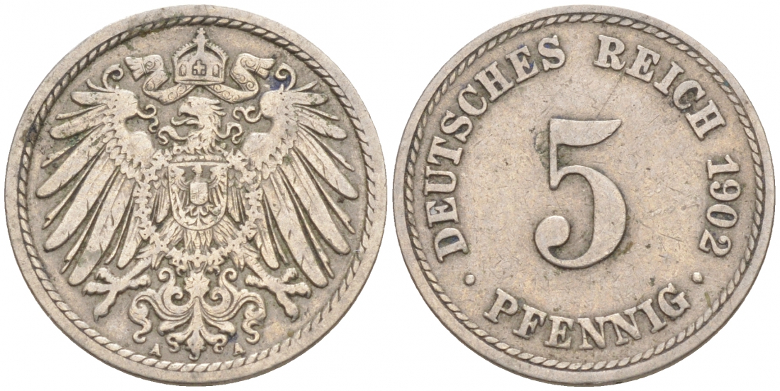 ГЕРМАНИЯ 5 ПФЕННИГОВ 1902 A, KM 11, J. 12 медно-никель 73-1714