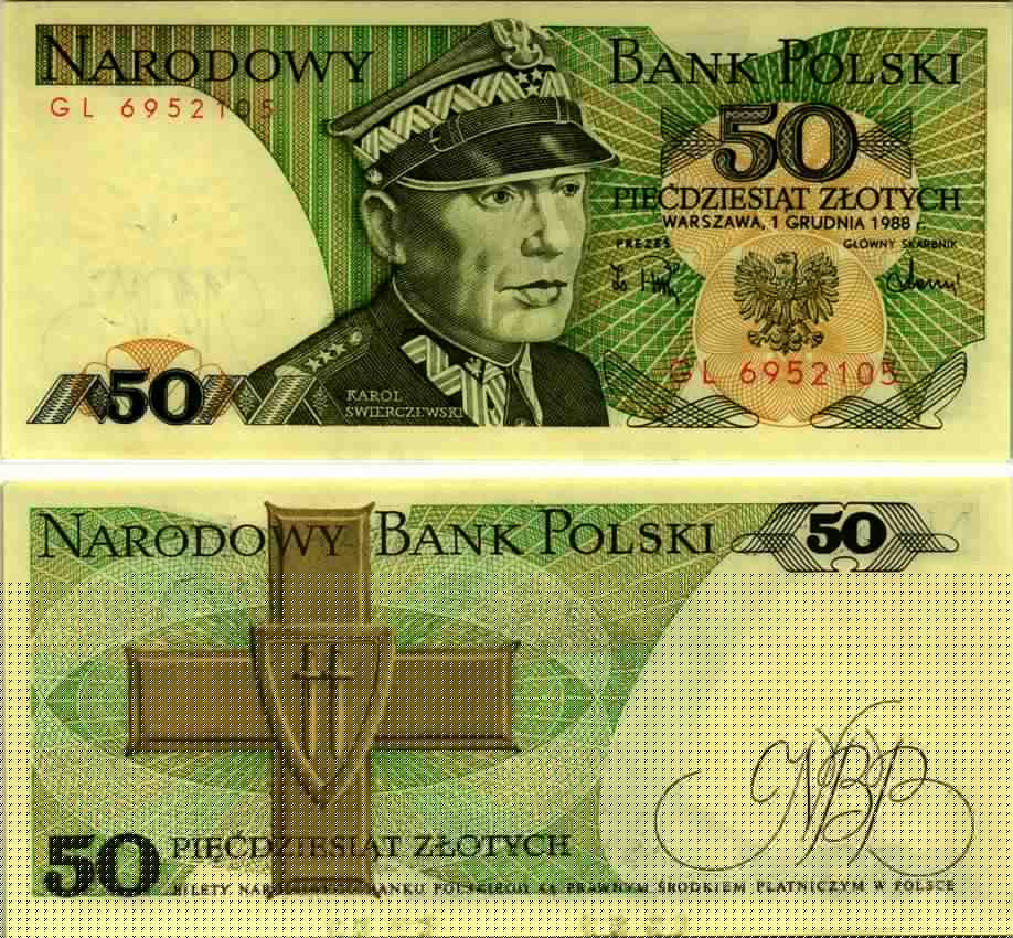 Польша 50 злотых 1988 Кароль Сверчевский, знак Грюнвальдского ордена Pick 142 c бумага аUNC 8607-69-3-2