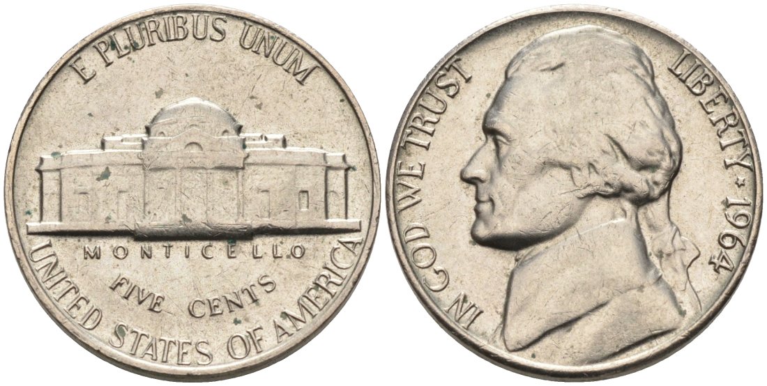 США 5 центов 1964 Джефферсон KM А192 медно-никель 92-1053