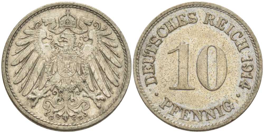 ГЕРМАНИЯ 10 ПФЕННИГОВ 1914 G KM 12, J. 13, Weege 8 медно-никель 212-247