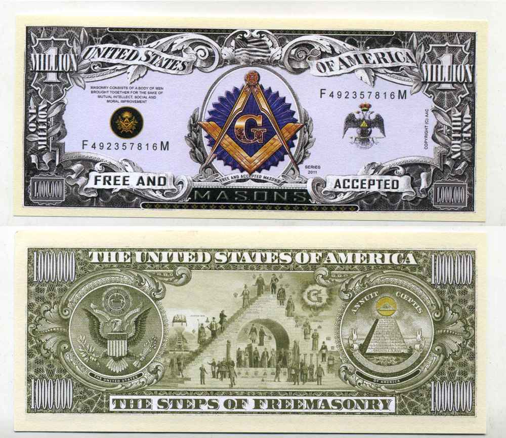 США 1000000 ДОЛЛАРОВ 2011 СУВЕНИРНАЯ БАНКНОТА, МАСОНСКАЯ ПИРАМИДА, СТУПЕНИ МАСОНСТВА, МАСОНСКИЙ ЗНАК бумага UNC (ПРЕСС) 8588-61-4-2
