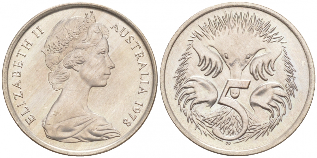 АВСТРАЛИЯ 5 ЦЕНТОВ 1978 ЕЛИЗАВЕТА II, МОЛОДОЙ ПОРТРЕТ, ЕХИДНА KM 64 медно-никель UNC 44-928