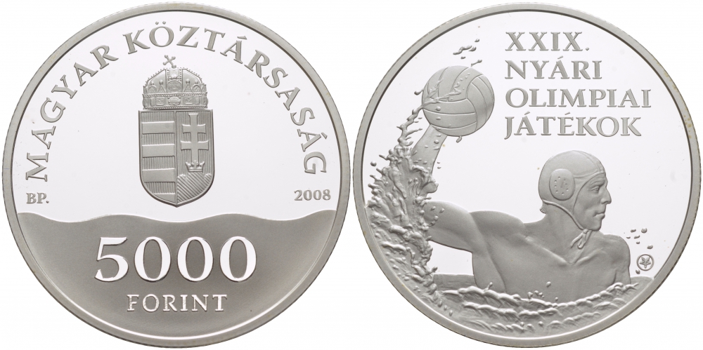 Венгрия 5000 форинтов 2008 Олимпийские игры, водное поло, тираж 14000 экземпляров KM 808 серебро PROOF 1074-6-23