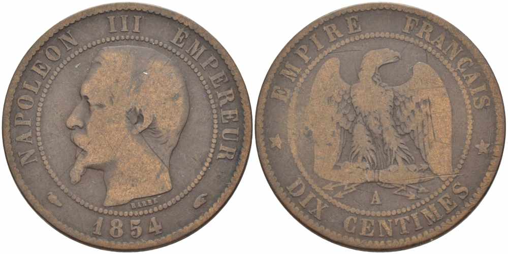 ФРАНЦИЯ 10 САНТИМОВ 1854 A, НАПОЛЕОН III (1852-1870) KM 771.1, LE FRANC 133.10 бронза 38-1013