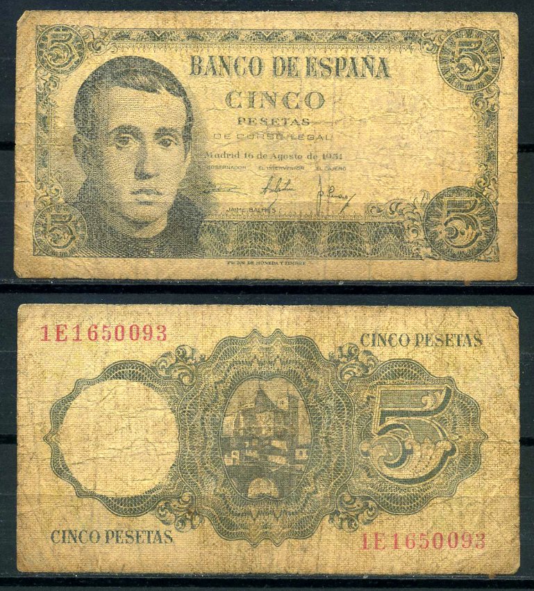 Испания 5 песет 1951 16 августа 1951, Хаиме Лусиано Бальмес Pick 140а бумага 7203-43-1-2