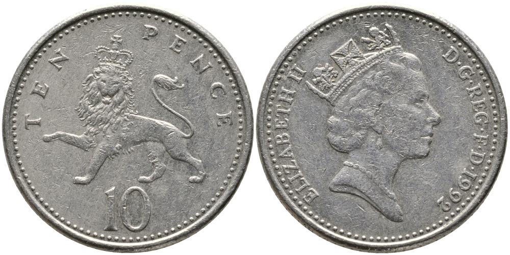 Великобритания 10 пенсов 1992 Елизавета II (1952-2022) KM 938b, Spink 4367 (F4) медно-никель 65-953