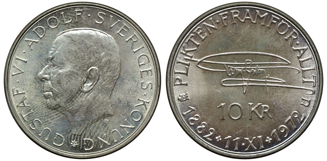 Швеция 10 крон 1972 U, 90 лет со дня рождения Густава VI Адольфа KM 847 серебро UNC 4111-1231