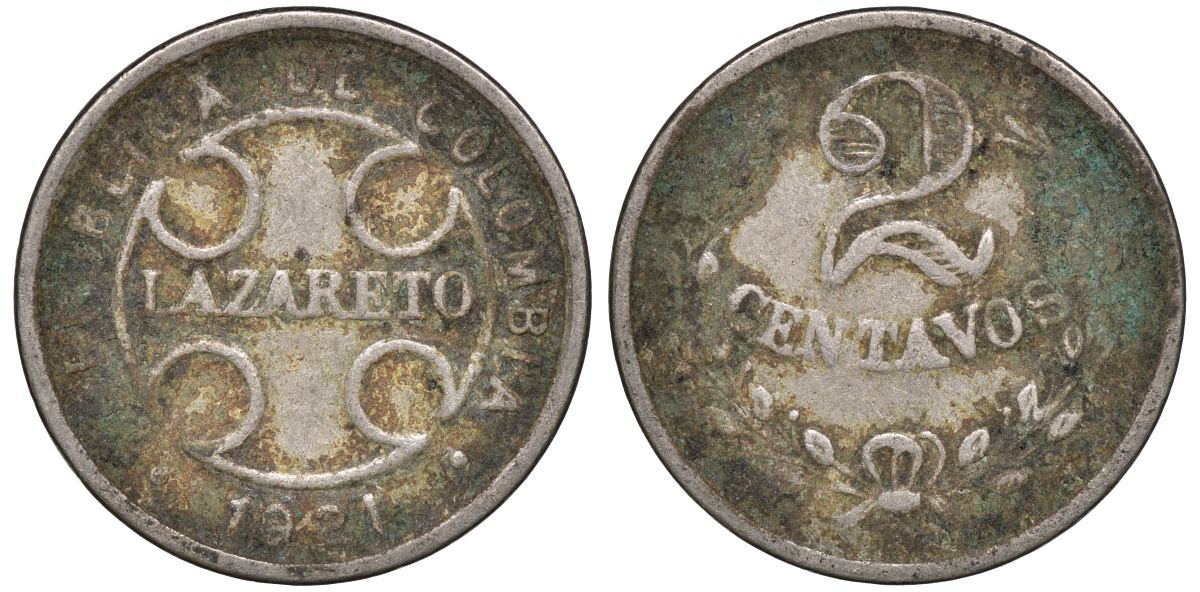 Колумбия 2 сентаво 1921 государственный лепрозорий KM L10 медно-никель 53-1016