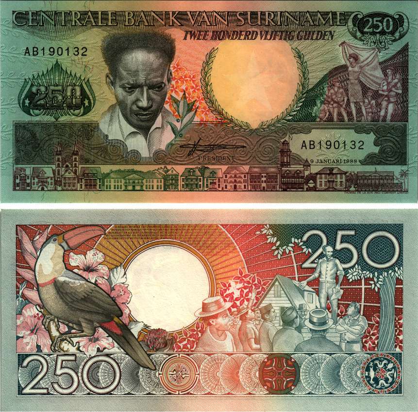Суринам 250 гульденов 1988 Антон де Ком, тукан на ветке Pick 134 бумага UNC (пресс) 7220-71-2
