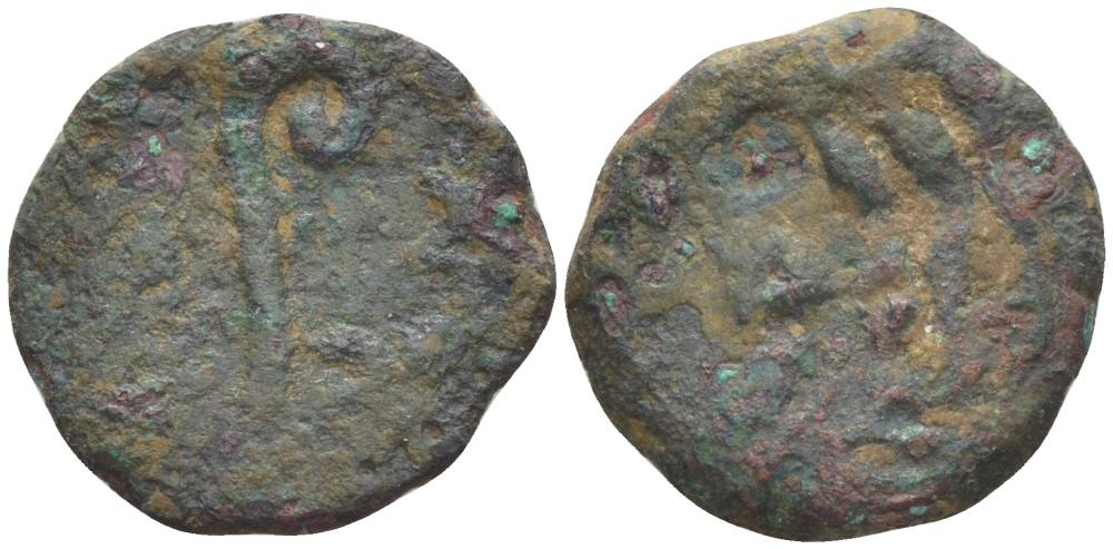 Римская Империя, Провинция Иудея прута 30/31 год император Тиберий, прокуратор Понтий Пилат, греческая легенда 'ТИБЕРИЯ КЕСАРЯ', культовый посох Авгура (lituus) / дата в венке, Иерусалим RPC 4968 медь 1073-21-54