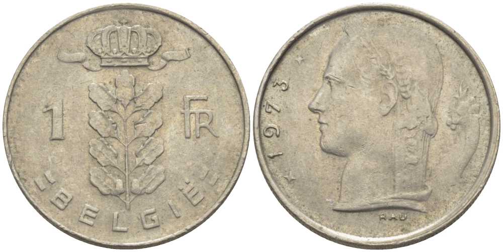 БЕЛЬГИЯ 1 ФРАНК 1973 BELGIE, БОДУЭН I (1951-1993) KM 143.1 медно-никель 119-631