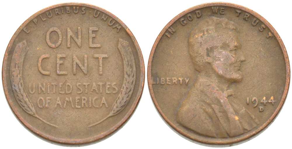 США 1 ЦЕНТ 1944 D, ЛИНКОЛЬН KM А132 медь цинк 218-927