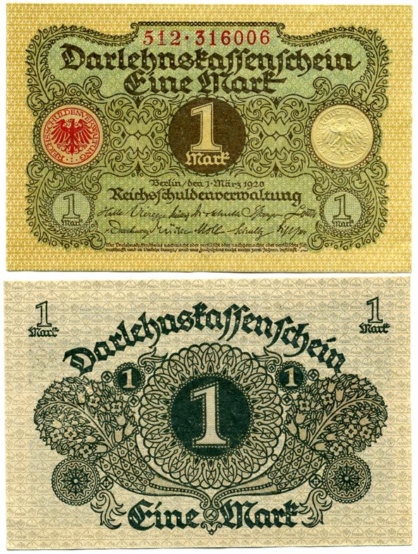 Германия 1 марка 1920 1 марта 1920, Веймарская республика Pick 58, Розенберг 64 бумага аUNC 7547-11-1