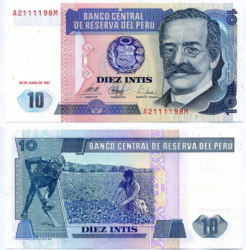 Перу 10 инти 1987 Рикардо Пальма, писатель, ученый, библиотекарь Pick 129 бумага UNC (пресс) 8589-26-3-2