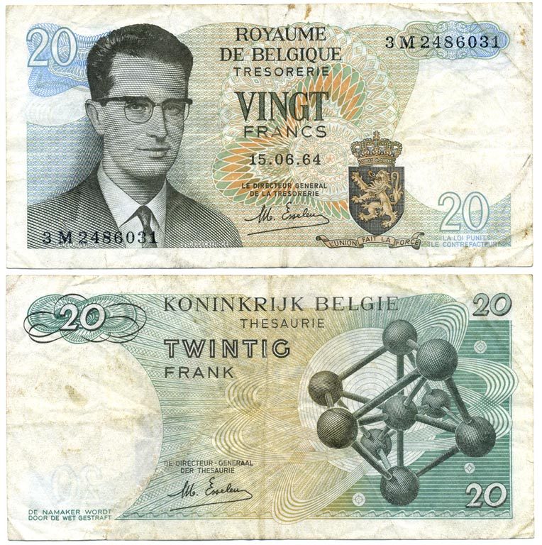Бельгия 20 франков 1964 Бодуэн I, атомиум, Esselens Pick 138 (2) бумага 7486-68-1-2