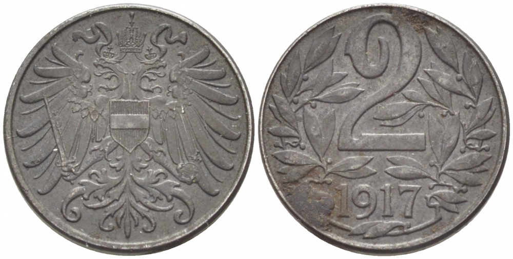 АВСТРИЯ 2 ГЕЛЛЕРА 1917 КАРЛ I (1916-1918) KM 2824 железо 3309-939