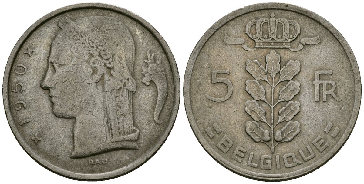 Бельгия 5 франков 1950 Belgique KM 134 медно-никель 4172-546