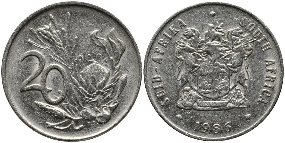 ЮАР 20 ЦЕНТОВ 1986 ЦВЕТОК ПРОТЕЯ KM 86 никель 3336-1245