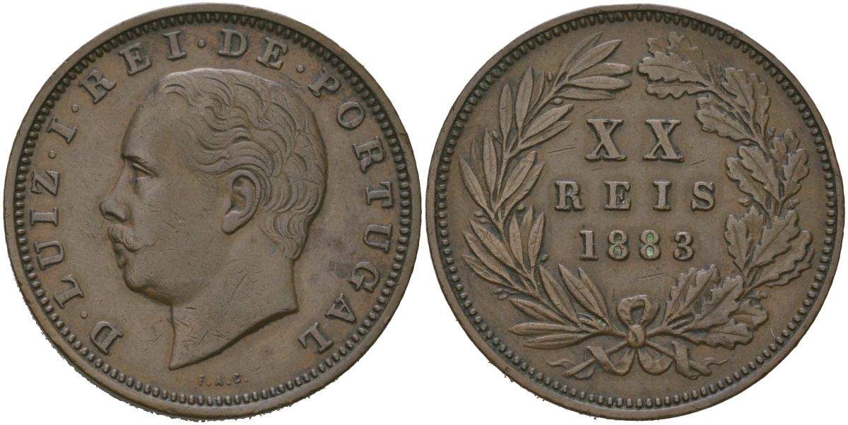 Португалия 20 реалов (рейсов) 1883 Луиш I (1861-1889) KM 527 бронза 4587-823